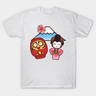 Daruma Geisha and Fuji Kawaii Cute Japanese Design T-Shirt